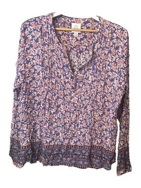 Knox Rose XL Peasant Top Pinch Pleats Blue Pink Floral 100% Rayon Crinkle Gauze